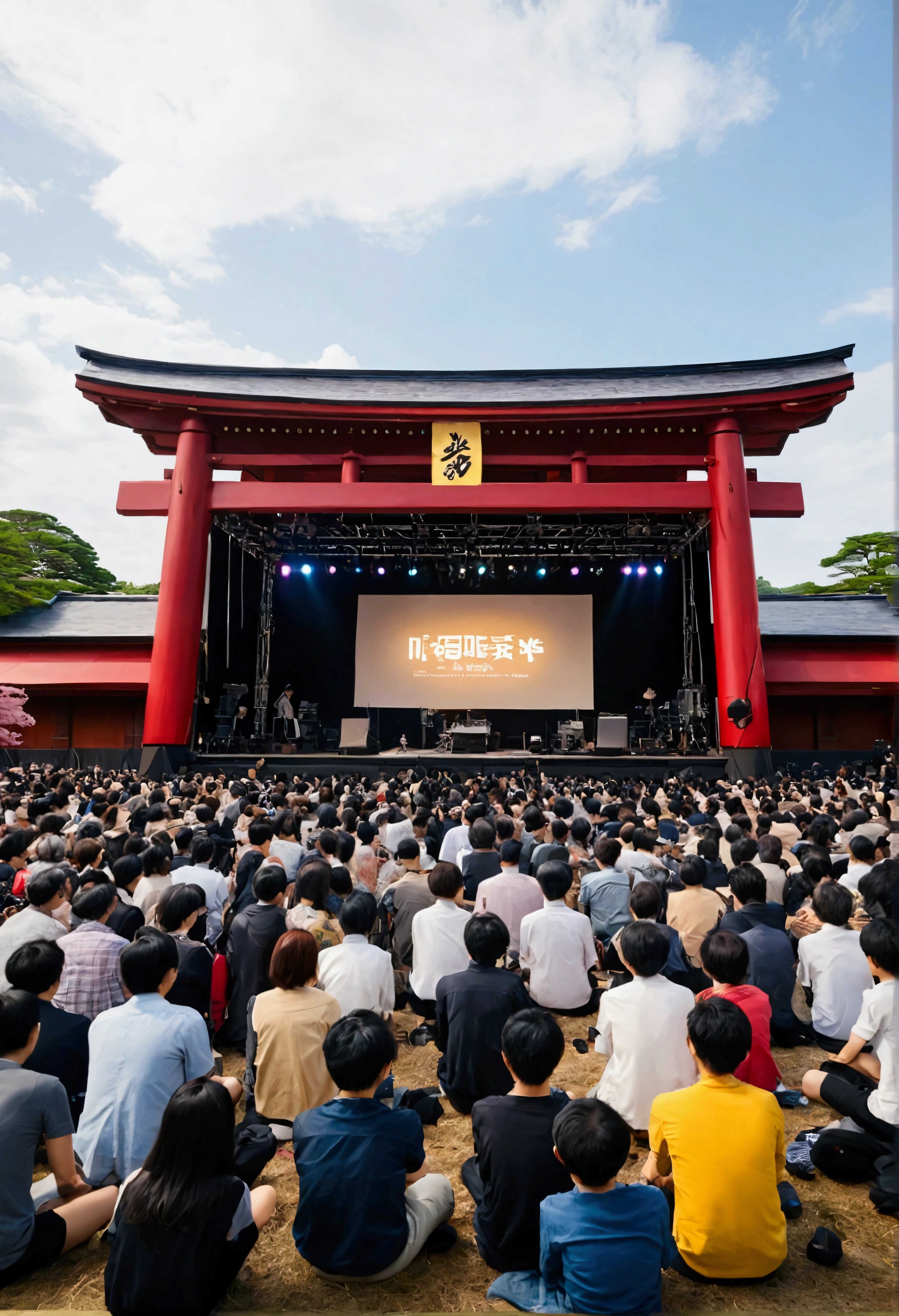 Japan、Festivals、wooden、stage、Big drum、kitsch、high tech、distinct、Cinematic、Anime influences、ultra modern、Sharp Focus、landscape、front