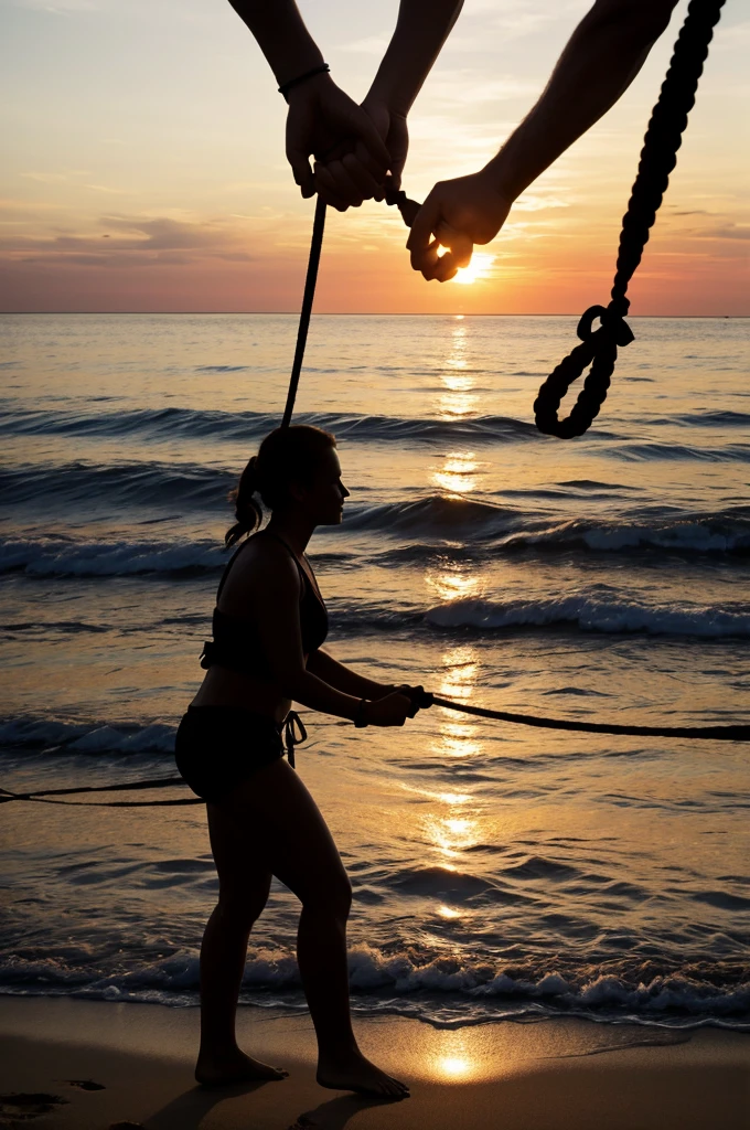Silhouette photo of two separated hands holding a rope at the beach and sunset view ((high resolution)) ((best quality))
