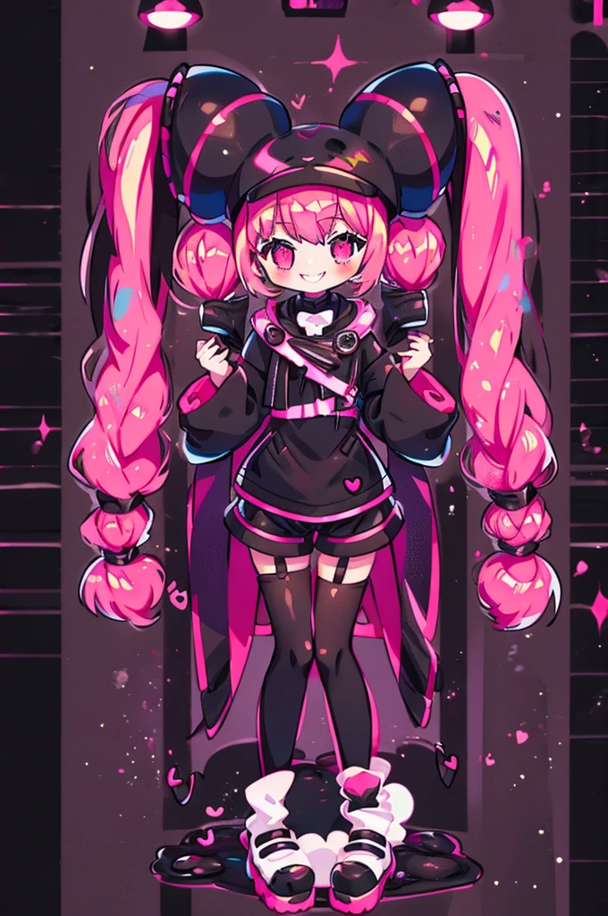 Cute, 1girl, pink hair twintails, black jacket, black tight shorts, see through pantyhose, smile, pink eyes with heart in it, music