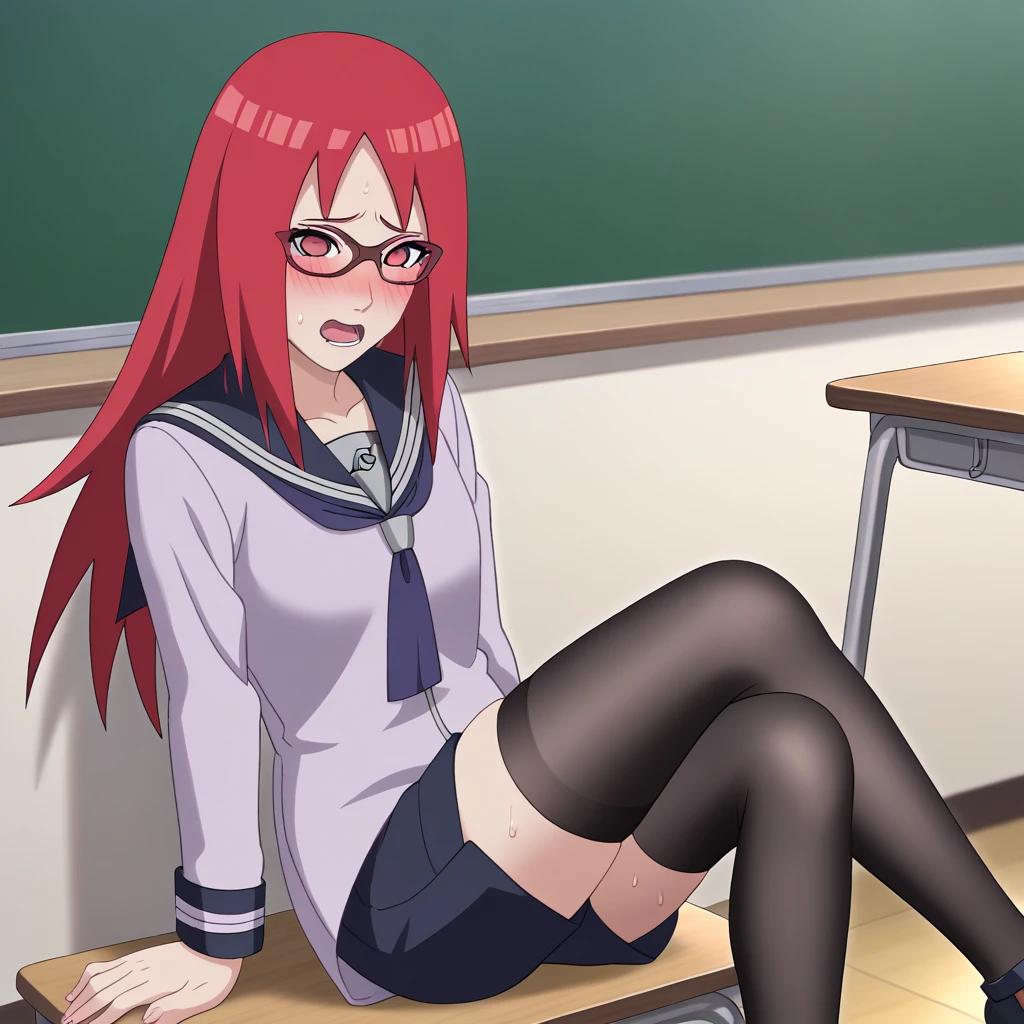Red hair, 1 Girl, Glasses, Long hair, Red Eyes, Solitary, Sailor Suit, Black over-the-knee stockings, Black shorts, Umbilical cord, Looking at the audience，No students, Japanese cartoons screencap, Japanese cartoons coloring,src_Japanese cartoons,Naruto \(series\), Naruto shippuuden,（（blush，nervous，Vision，classroom，bookshelf，sit on the chair，））masterpiece， absurd ， （Intricate details）， （Colorful）， light， Extremely detailed CG Unity 8k wallpaper ，1 Girl， solo，（shy，classroom，night，blush，nervous，Sweating，蕾丝dress， ），sweat，blush，blush1.5，Blush，Medium chest，（（dress，Black stockings，）），（dress，Lying in bed，Uncomfortable expression，Mouth open，Stick out your tongue，）