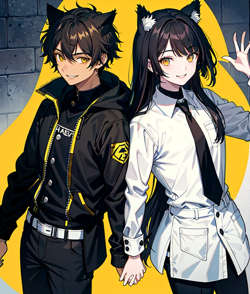 A young man in the shape of a black wolf, with black hair and yellow eyes, and a girl with brown hair and brown eyes together, looking at each other and smiling.