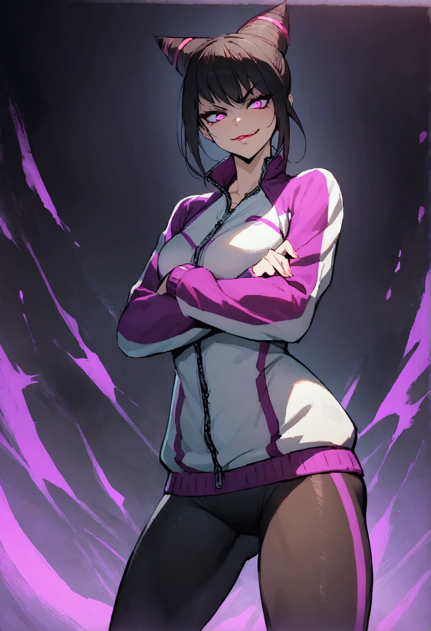 beautiful young fitness woman with , in a gym wearing May with black pantyhose, white and purple fitted gym jacket. standing alone,hair horns,bright purple eyes,Evil smile,legging preto aura roxa,arms crossed eye shadow,whole body