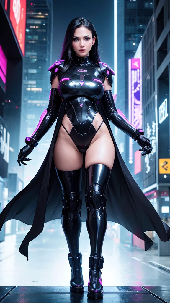 In a futuristic cyberpunk world, neon lights illuminate towering skyscrapers adorned with holographic advertisements. The streets are bustling with a mix of people and robots, all wearing stylish, futuristic clothing. In the center of the city, a beautiful young woman stands confidently. She has long, flowing hair and is dressed in a sleek, high-tech outfit with glowing accents. Her eyes are enhanced with cybernetic implants, giving her a piercing, otherworldly gaze. She is depicted in full-body view, standing amidst the busy streets, exuding an air of confidence and mystery. The background is filled with flying vehicles and a sprawling cityscape that stretches into the horizon, creating a vibrant, dynamic scene.