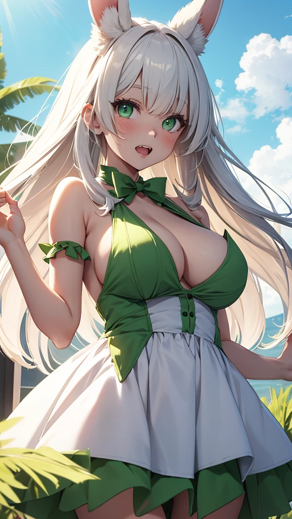 Rabbit girl wearing summer dress with big breasts green eyes with white fur with split teeth