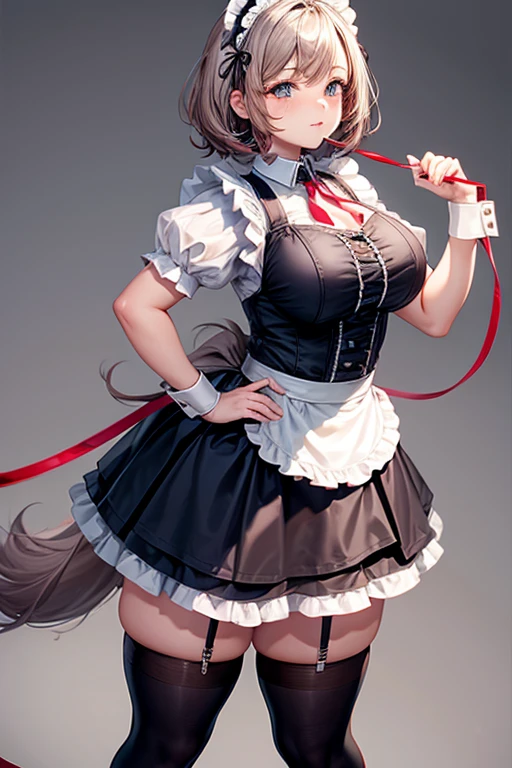 maid, short skirt, big , large dog collar with leash, curves emphasized