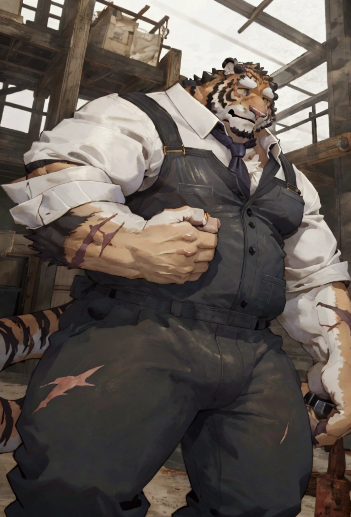 construction place, male,40 years old,Uncle, solitary, ((Round Face, The face is plump,Orange eyes, scars)), ((Endomorph, Handsome,Hot Blood)), (construction worker suit,No electricity,exhaustion), ((domestic tiger, tiger,) Fluffy fur, Fluffy), Bokeh, (high quality, high resolution, masterpiece), (Dynamic Lighting, Vibrant colors), (Revitalize,harm,Disdain), Full body picture (close up), cartoon, author:Takemoto Arashi, From zixiong, By Chunni, author:Empty Ghost,(background:Rainy forest)(by bontiage:1)