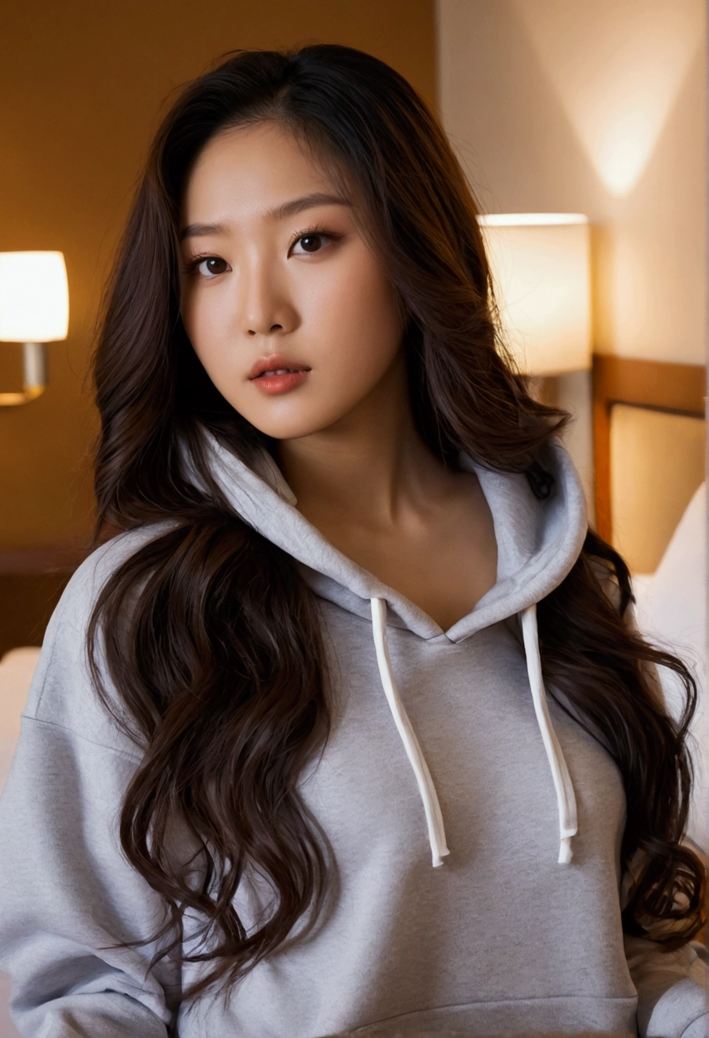 1 femme asain, Long Wavy Hair, dark brown eyes, hotel bed, nounous, croptop hoodie