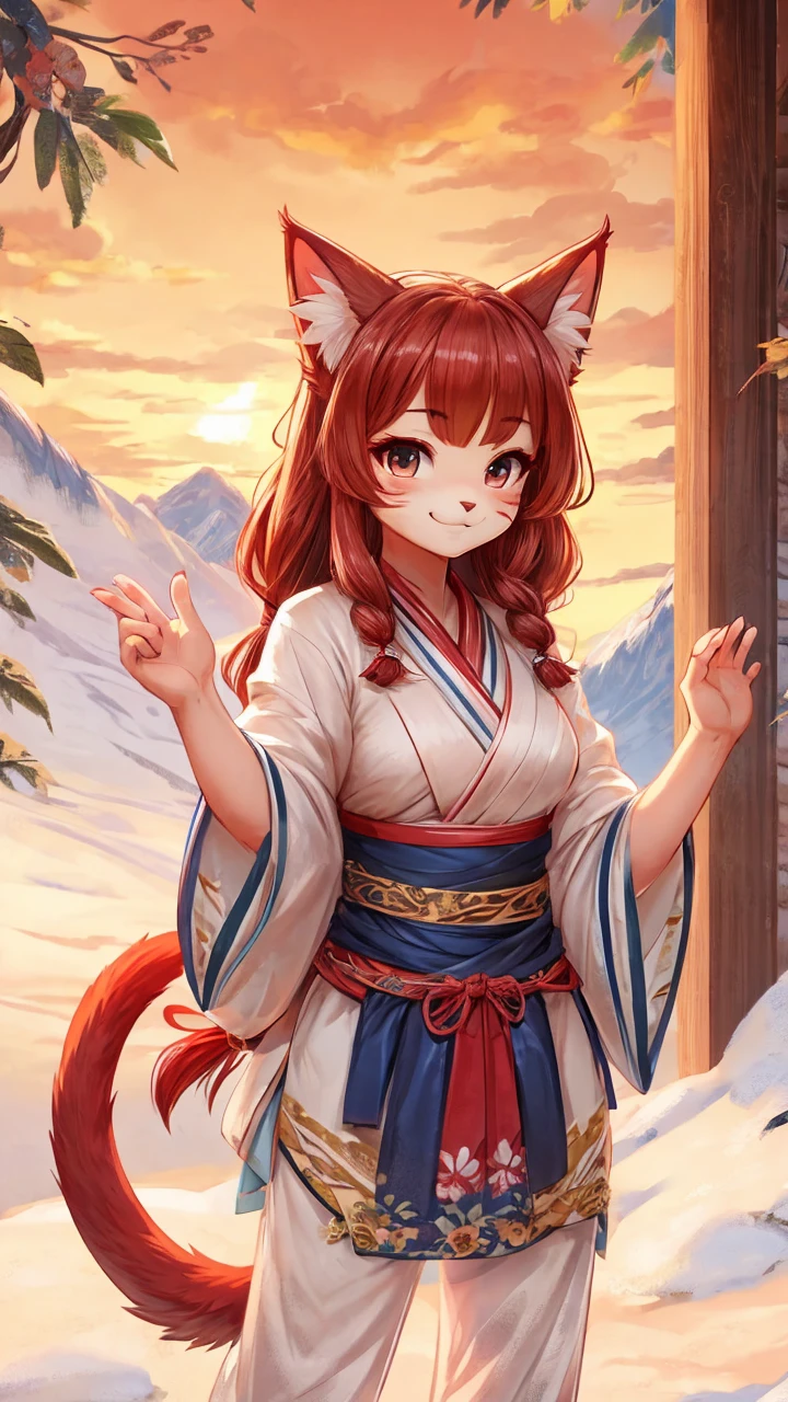 Yaki Neko,cute,Beautiful view of the mountains,Hanfu,Smile,girl,A-cup breasts,Cat,Height 160cm,Red cat tail