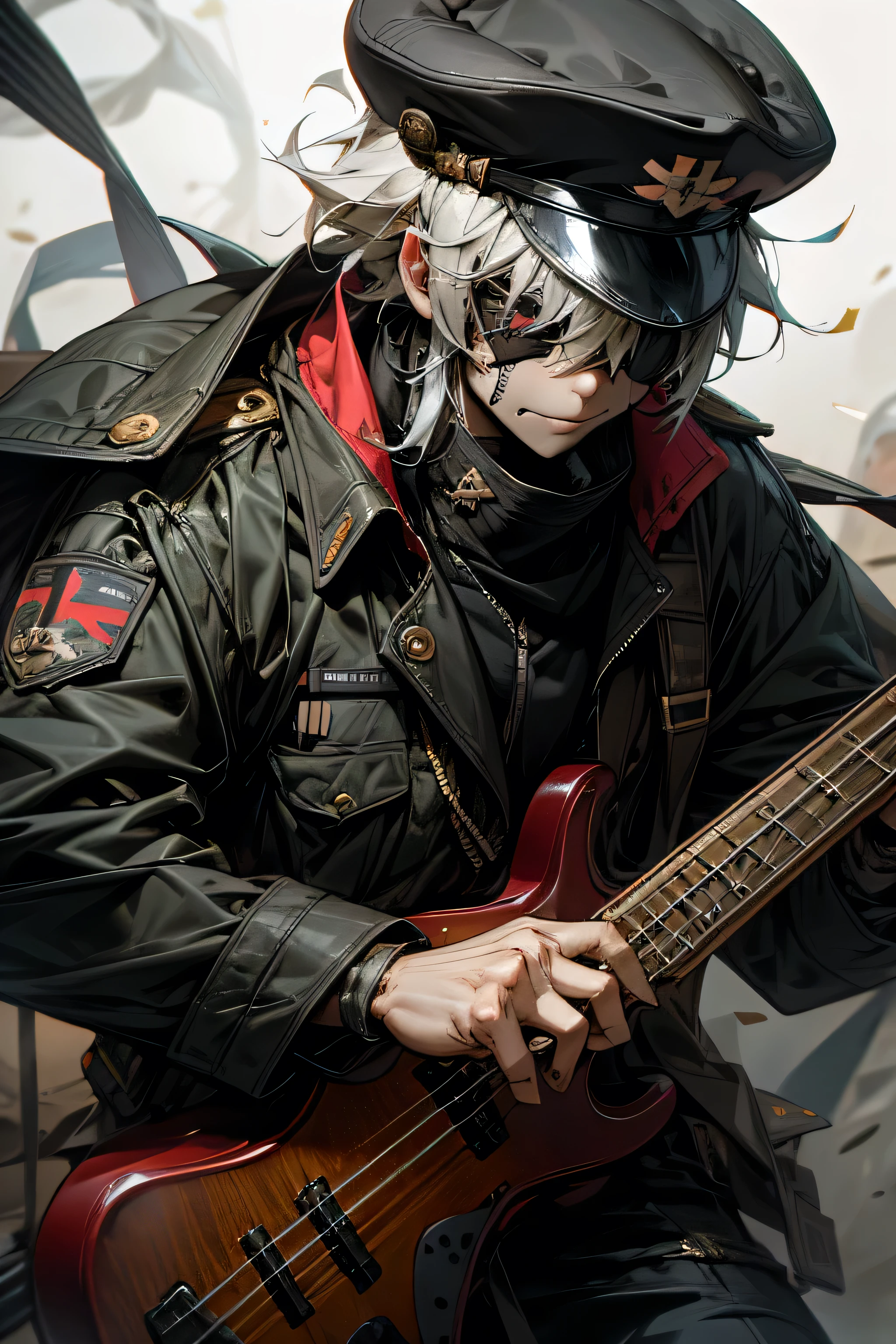 Visual Kei Band,bass,army jacket,army hat,Eye patch,cool,old male,