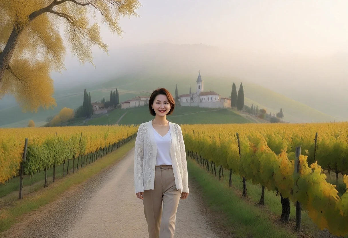 8k best picture quality, Beautiful 36-year-old Korean woman, Chest size 34 inches, Early autumn dawn in northern Italy, View of the cathedral next to the vineyards, The back background is realistic and vivid quality., short medium hair, white shirt and cardigan, Wear casual pants, Smile slightly. the background is clear, look up to the side. cottonwood tree-lined hill, A path with a curved end, Looking at a vineyard covered in thick fog