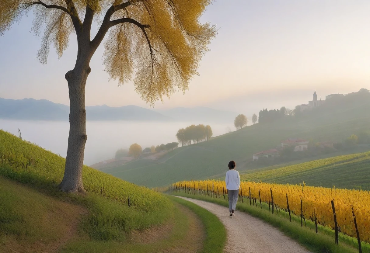 8k best picture quality, Beautiful 36-year-old Korean woman, Chest size 34 inches, Early autumn dawn in northern Italy, View of the cathedral next to the vineyards, The back background is realistic and vivid quality., short medium hair, white shirt and cardigan, Wear casual pants, Smile slightly. the background is clear, look up to the side. cottonwood tree-lined hill, A path with a curved end, Looking at a vineyard covered in thick fog
