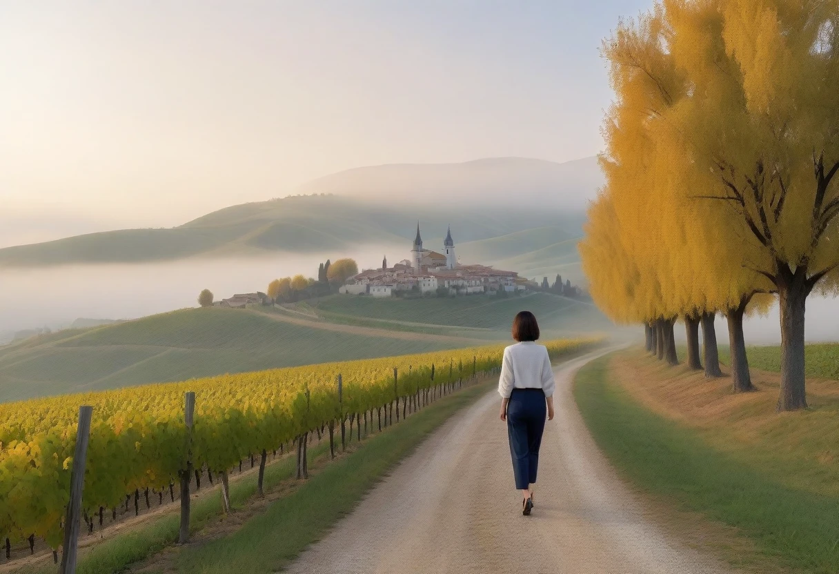 8k best picture quality, Beautiful 36-year-old Korean woman, Chest size 34 inches, Early autumn dawn in northern Italy, View of the cathedral next to the vineyards, The back background is realistic and vivid quality., short medium hair, white shirt and cardigan, Wear casual pants, Smile slightly. the background is clear, look up to the side. cottonwood tree-lined hill, A path with a curved end, Looking at a vineyard covered in thick fog