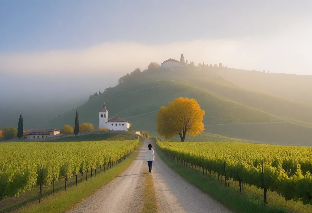 8k best picture quality, Beautiful 36-year-old Korean woman, Chest size 34 inches, Early autumn dawn in northern Italy, View of the cathedral next to the vineyards, The back background is realistic and vivid quality., short medium hair, white shirt and cardigan, Wear casual pants, Smile slightly. the background is clear, look up to the side. cottonwood tree-lined hill,  A path with a curved end, Looking at a vineyard covered in thick fog