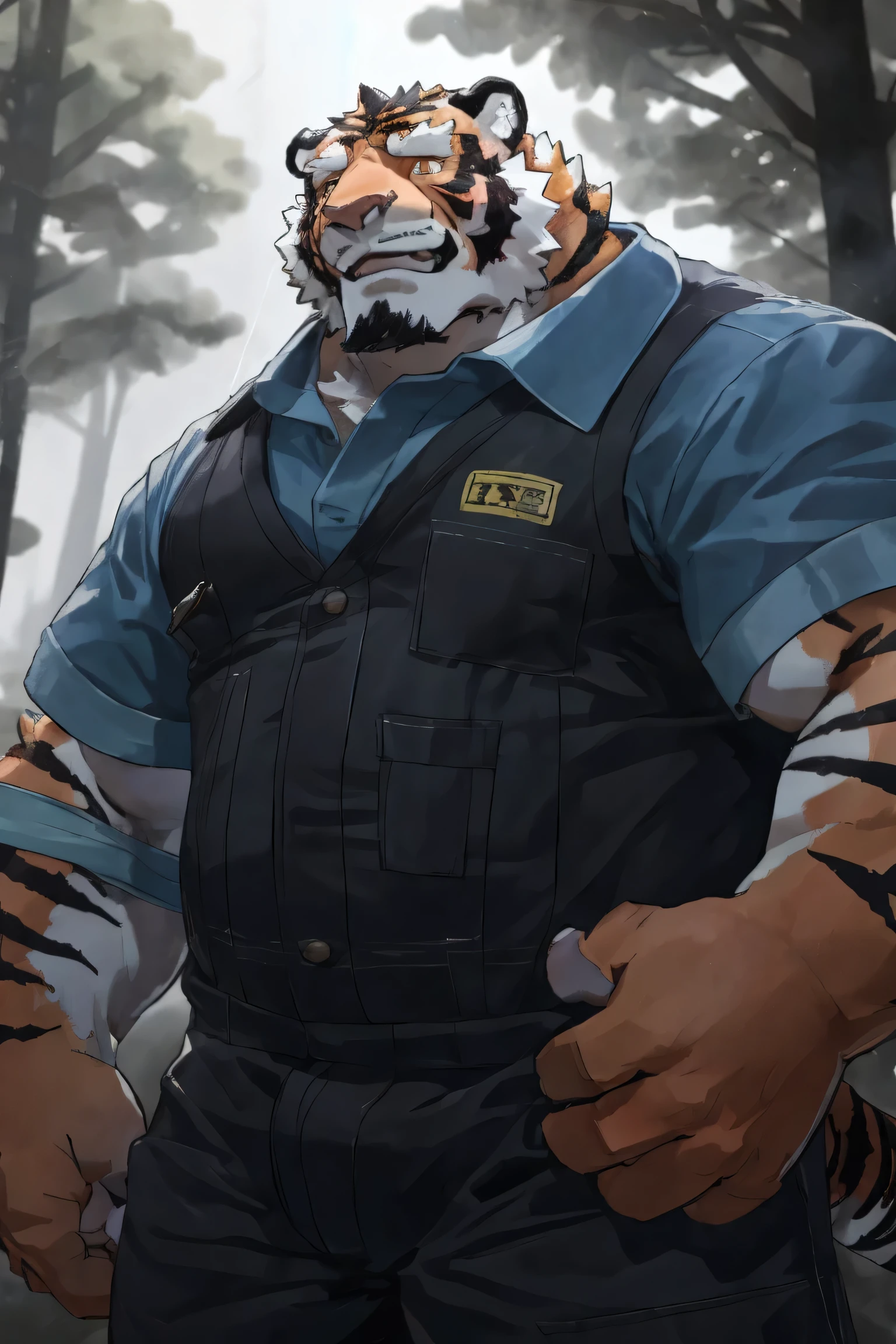 construction place, male,40 years old,Uncle, solitary, ((Round Face, The face is plump,Orange eyes, scars)), ((Endomorph, Handsome,Hot Blood)), (construction worker suit,No electricity,exhaustion), ((domestic tiger, tiger,) Fluffy fur, Fluffy), Bokeh, (high quality, high resolution, masterpiece), (Dynamic Lighting, Vibrant colors), (Revitalize,harm,Disdain), Full body picture (close up), cartoon, author:Takemoto Arashi, From zixiong, By Chunni, author:Empty Ghost,(background:Rainy forest)(by bontiage:1), ultra-detailed, portrait, cinematic lighting, dramatic shadows, moody lighting, gritty, rugged, muscular, grease stained, dirty, mucky, greasy, rough, mature, intense expression, piercing gaze.