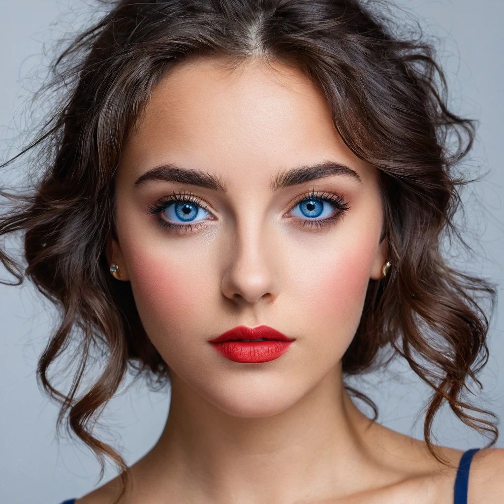 ultra réaliste, portrait, 20 ans, femme brune, yeux bleu, regard perçant, cheveux longs, ondulés, rouge a lèvres, maquillage leger, naturelle, boucle d'oreilles, regarde le spectateur