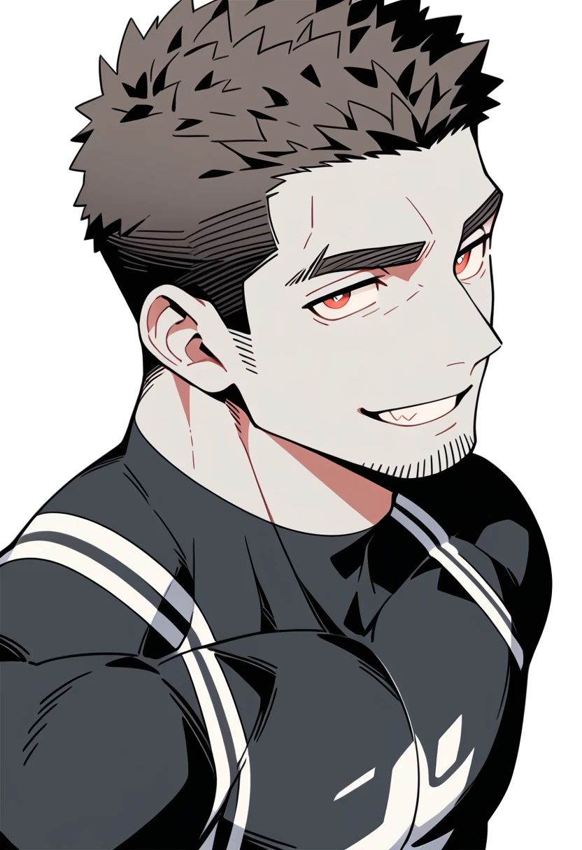 anime characters：Priapus, Black Grey Skin Muscle Sports Student,Manliness, male focus, Sports tight hooded sweatshirt, Under Armour Brand, Wear a high-necked tights underneath, Very tight, full and perky chest muscles, muscular male, muscular, only, Upper body, alone, Red short hair, Thick eyebrows, stubble, Brown-red pupils, White background, simple background, amazing quality, best aesthetics, Ridiculous, crew cut, smirk, bright pupils, grin, negative space, negative space, best quality