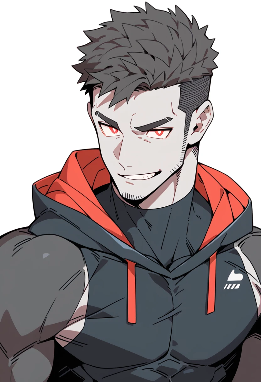 anime characters：Priapus, Black Grey Skin Muscle Sports Student,Manliness, male focus, Sports tight hooded sweatshirt, Under Armour Brand, Wear a high-necked tights underneath, Very tight, full and perky chest muscles, muscular male, muscular, only, Upper body, alone, Red short hair, Thick eyebrows, stubble, Brown-red pupils, White background, simple background, amazing quality, best aesthetics, Ridiculous, crew cut, smirk, bright pupils, grin, negative space, negative space, best quality