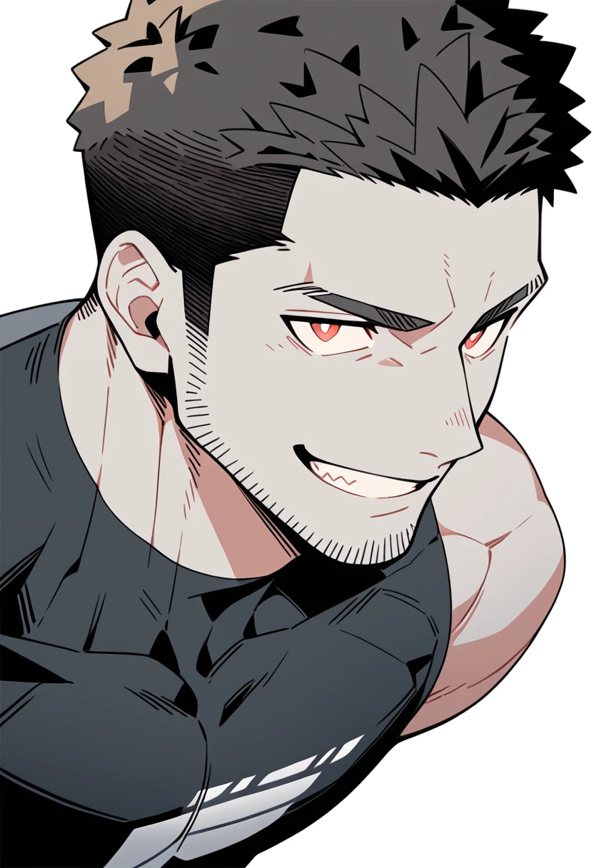 anime characters：Priapus, Black Grey Skin Muscle Sports Student,Manliness, male focus, Sports tight hooded sweatshirt, Under Armour Brand, Wear a high-necked tights underneath, Very tight, full and perky chest muscles, muscular male, muscular, only, Upper body, alone, Red short hair, Thick eyebrows, stubble, Brown-red pupils, White background, simple background, amazing quality, best aesthetics, Ridiculous, crew cut, smirk, bright pupils, grin, negative space, negative space, best quality