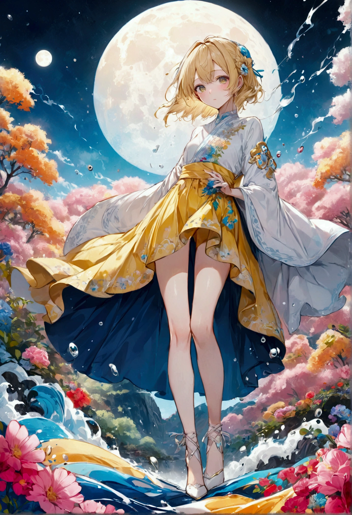 color ink painting,(splash of color),colorful splash,(((colorful),(draft:0.8), Masterpiece,best quality, beautifully painted,Highly detailed,(refuse:0.6 ), (Beautifully detailed sky),moon,very detailed,Masterpieceโทนสีผิว RGB สีรุ้ง Colorama, best quality, วอลล์เปเปอร์ CG Unity 8K ที่Highly detailed,Masterpiece, best quality, มีvery detailed, {Miraculous medium}, Limited color palette, one woman, conjunctivitis, blonde hair, full body, floral background