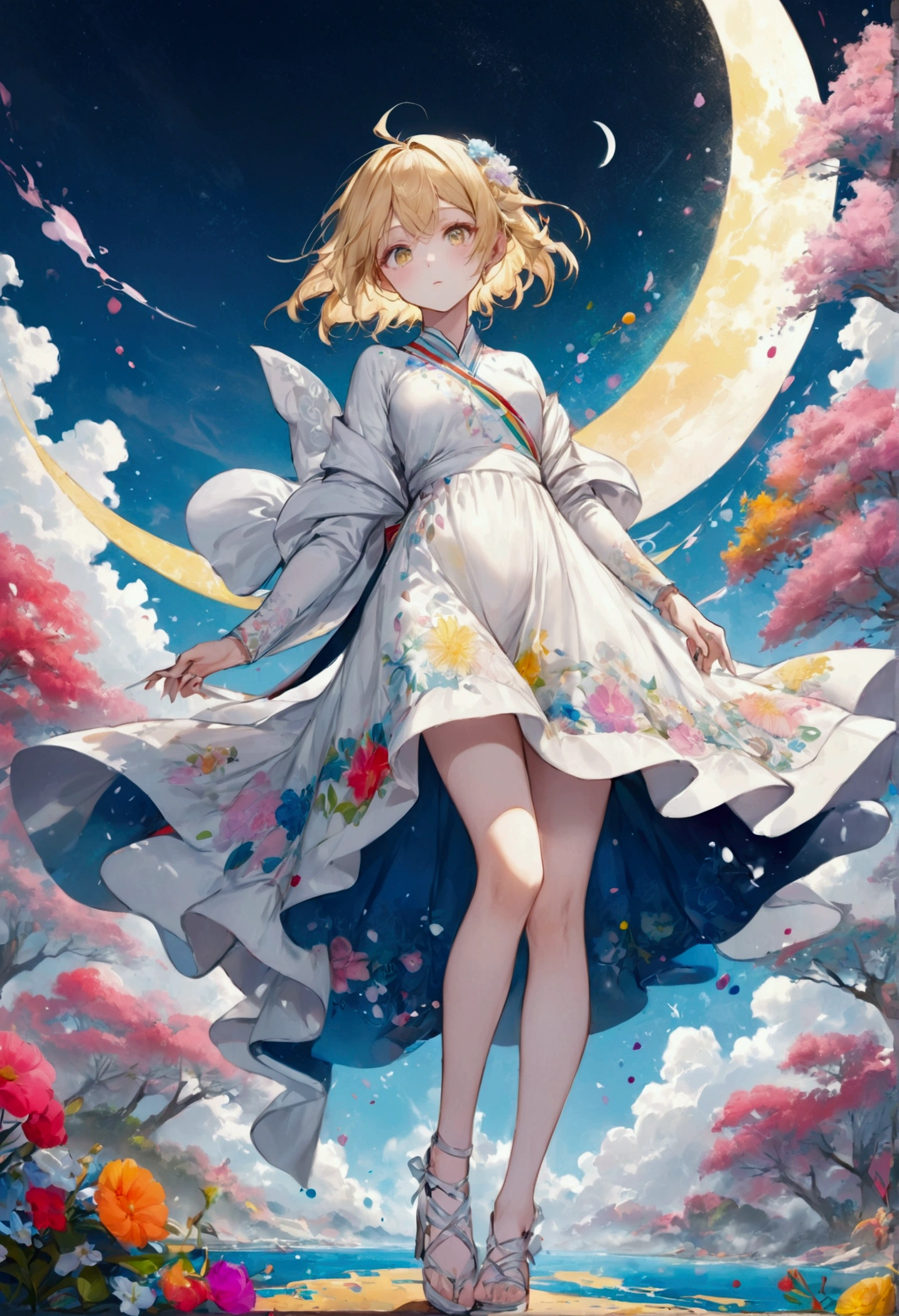 color ink painting,(splash of color),colorful splash,(((colorful),(draft:0.8), Masterpiece,best quality, beautifully painted,Highly detailed,(refuse:0.6 ), (Beautifully detailed sky),moon,very detailed,Masterpieceโทนสีผิว RGB สีรุ้ง Colorama, best quality, วอลล์เปเปอร์ CG Unity 8K ที่Highly detailed,Masterpiece, best quality, มีvery detailed, {Miraculous medium}, Limited color palette, one woman, conjunctivitis, blonde hair, full body, floral background