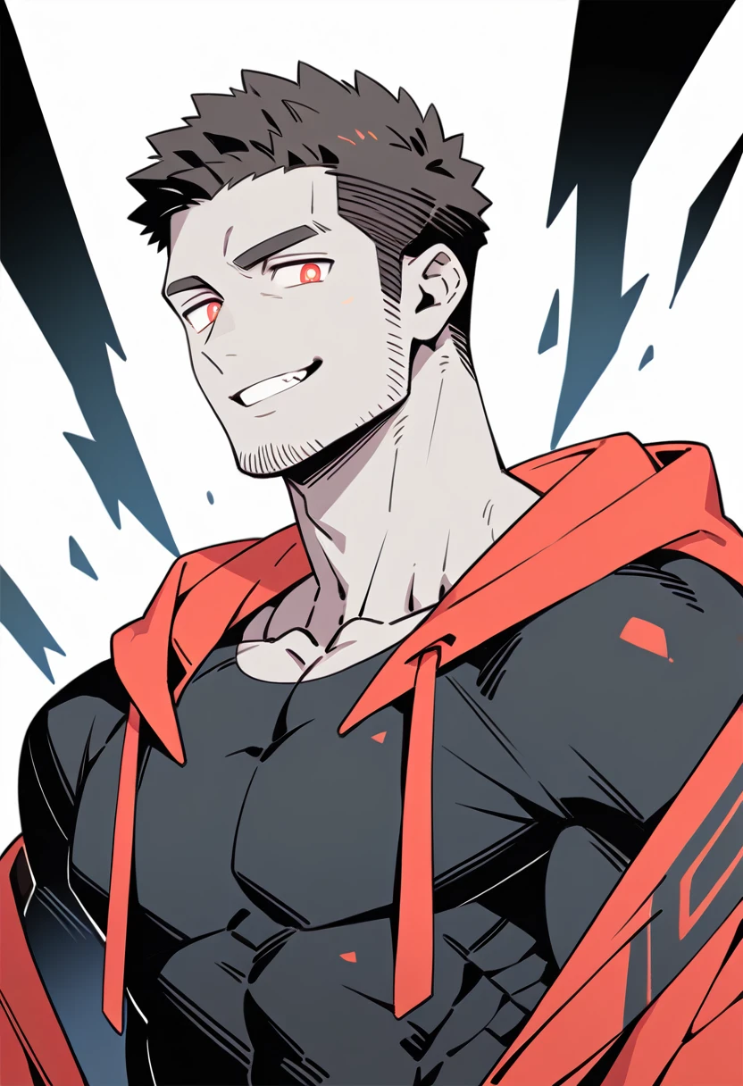 anime characters：Priapus, Black Grey Skin Muscle Sports Student,Manliness, male focus, Sports tight hooded sweatshirt, Under Armour Brand, Wear a high-necked tights underneath, Very tight, full and perky chest muscles, muscular male, muscular, only, Upper body, alone, Red short hair, Thick eyebrows, stubble, Brown-red pupils, White background, simple background, amazing quality, best aesthetics, Ridiculous, crew cut, smirk, bright pupils, grin, negative space, negative space, best quality