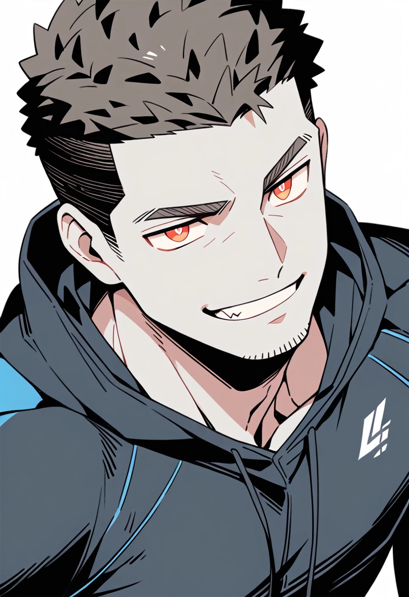 anime characters:Priapus, Black Grey Skin Muscle Sports Student,Manliness, male focus, Sports tight hooded sweatshirt, Under Armour Brand, Wear a high-necked tights underneath, Very tight, full and perky chest muscles, muscular male, muscular, only, Upper body, alone, Red short hair, Thick eyebrows, stubble, Brown-red pupils, White background, simple background, amazing quality, best aesthetics, Ridiculous, crew cut, smirk, bright pupils, grin, negative space, negative space, best quality