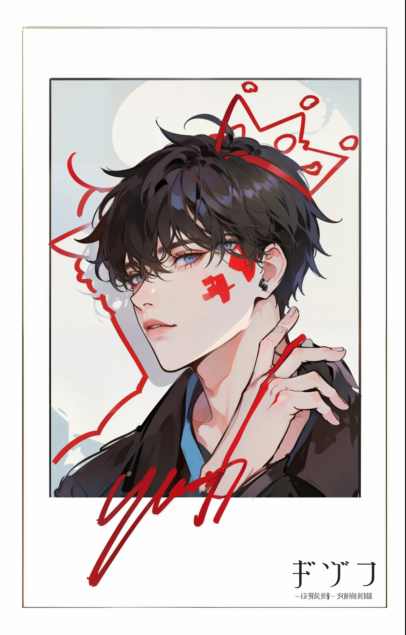 (((1boy))), serious, earphone, ((toned)), male focus, Masterpiece artwork, high qualiy, (Masterpiece artwork:1.2), (best qualityer:1.2), shining skin, realisitic, ornate, intricate, earphone, ((black hair)), (hair on face), bangss, hair between the eyes, chic, looking at the viewer dynamic pose, (shadows cast over the face:1.3), dark bedroom, shadow room, sexly, (sitting), Chinese traditional ink painting