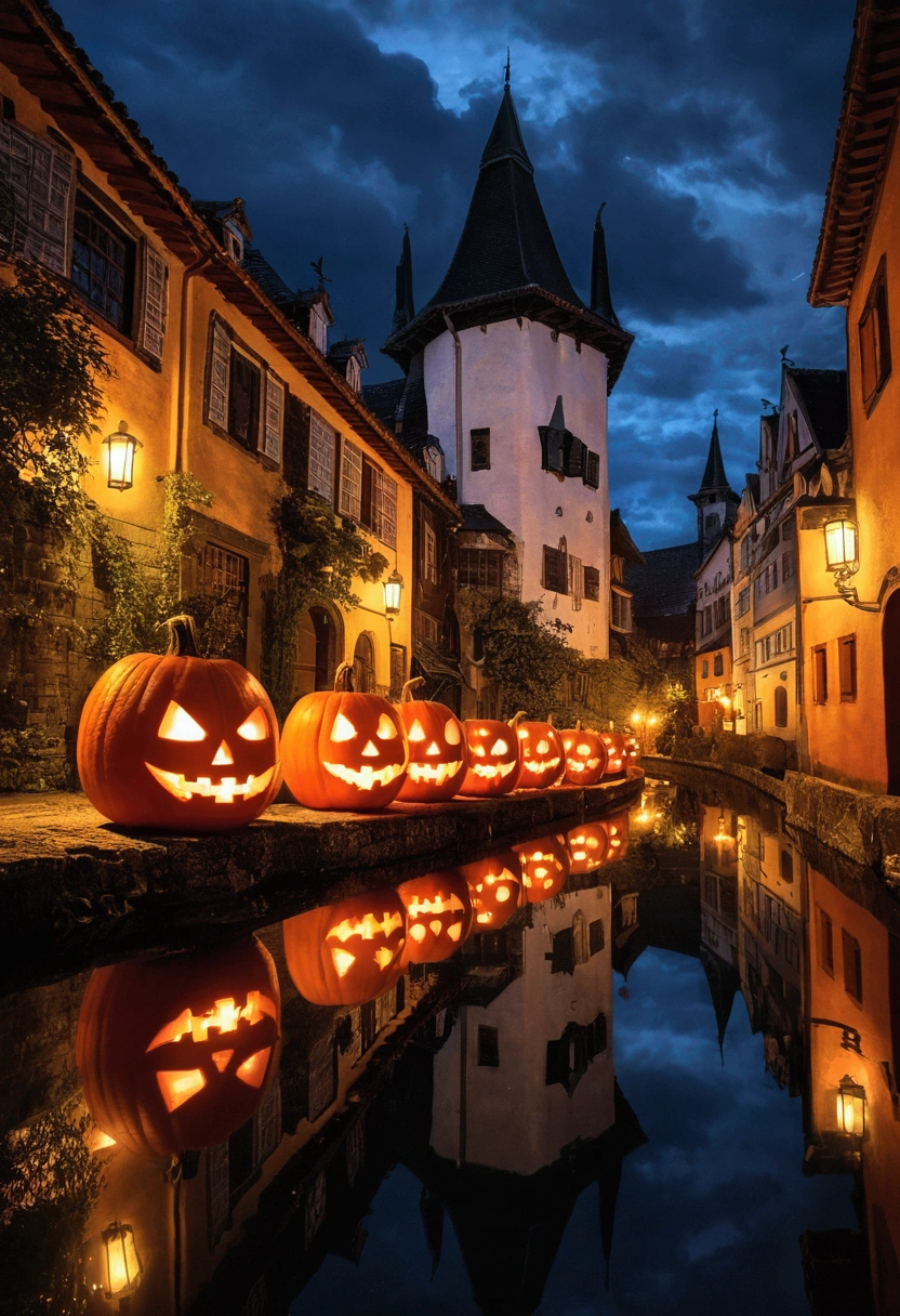 Halloween Floating Lights, Light and reflection in the film, Glowing lights, Intermediate elements of the metaverse,Digital Painting, shiny reflection, reflect, Halloween Jack-o'-Lantern, 静かなnight, Digital Illustration, Great atmosphere, nightの天窓, nightの静かな雰囲気, Jack-o'-Lantern, Halloween, night, Temon, Match Scene, Halloween, Surrounded by clouds, Buildings in medieval Europe, Enamel Tile, superior, Des couleurs magnifiqsuperiors, There is an arch in front3There are((Color ink)), ( (Splashing ink ) ), ((Splashing ink) Ink-like})), masterpiece, High career, Beautiful graphics, Attention to detail,magnifiqsuperior