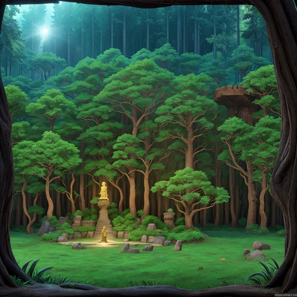 Geographic map of the dark impenetrable forest where monsters live and many secret unexplored places, only the brave men who drew the map enter there. The forest itself is shaped like a medium-sized country and does not have straight lines along the contour. It is known that several rivers flow through the forest area., there is a waterfall. The lake, which is also located in the forest, is filled with light., in its center stands a statue of the goddess patroness of magic. The map itself is very ancient