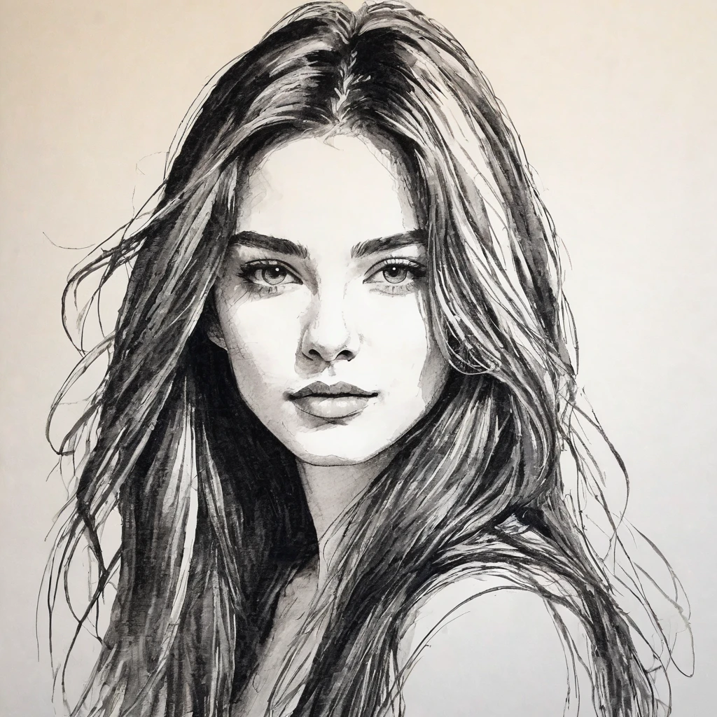 beautfull woman, head to shoulders pose, long hair, rough pen drawing with minimal strokes, work of art