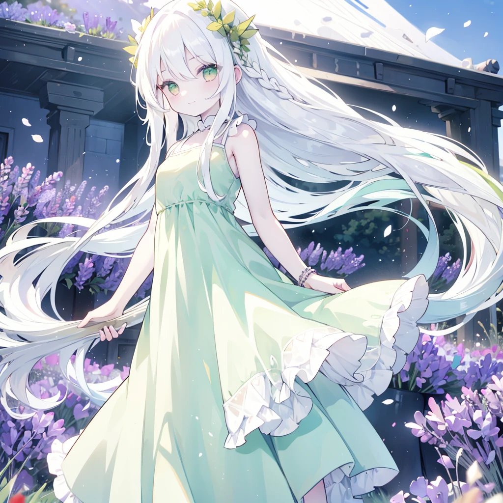 girl, standing, smiling, (healthy tanned skin), (pure white long hair:2.0), 
BREAK
sleeveless, (pale green dress:1.5), bracelet, (background is a vast lavender field:1.4), (wide blue sky:1.1) 