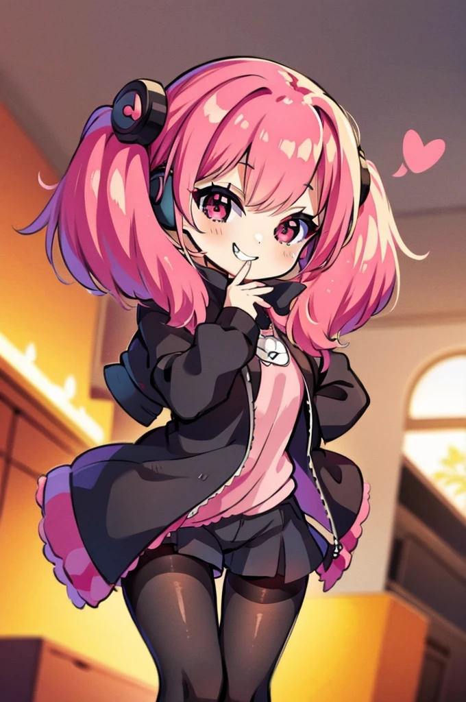 Cute, 1girl, pink hair twintails, black jacket, black tight shorts, see through pantyhose, smile, pink eyes with heart in it, music