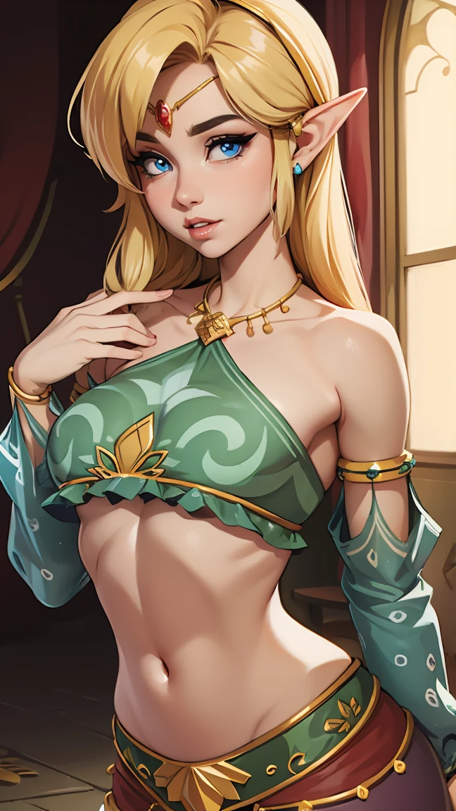 ((masterpiece)), ((best quality)), (detailed), perfect, solo, link, gorgeous girl, luscious lips, blonde hair, y, sexarked collarbones, female link, big brrboob,