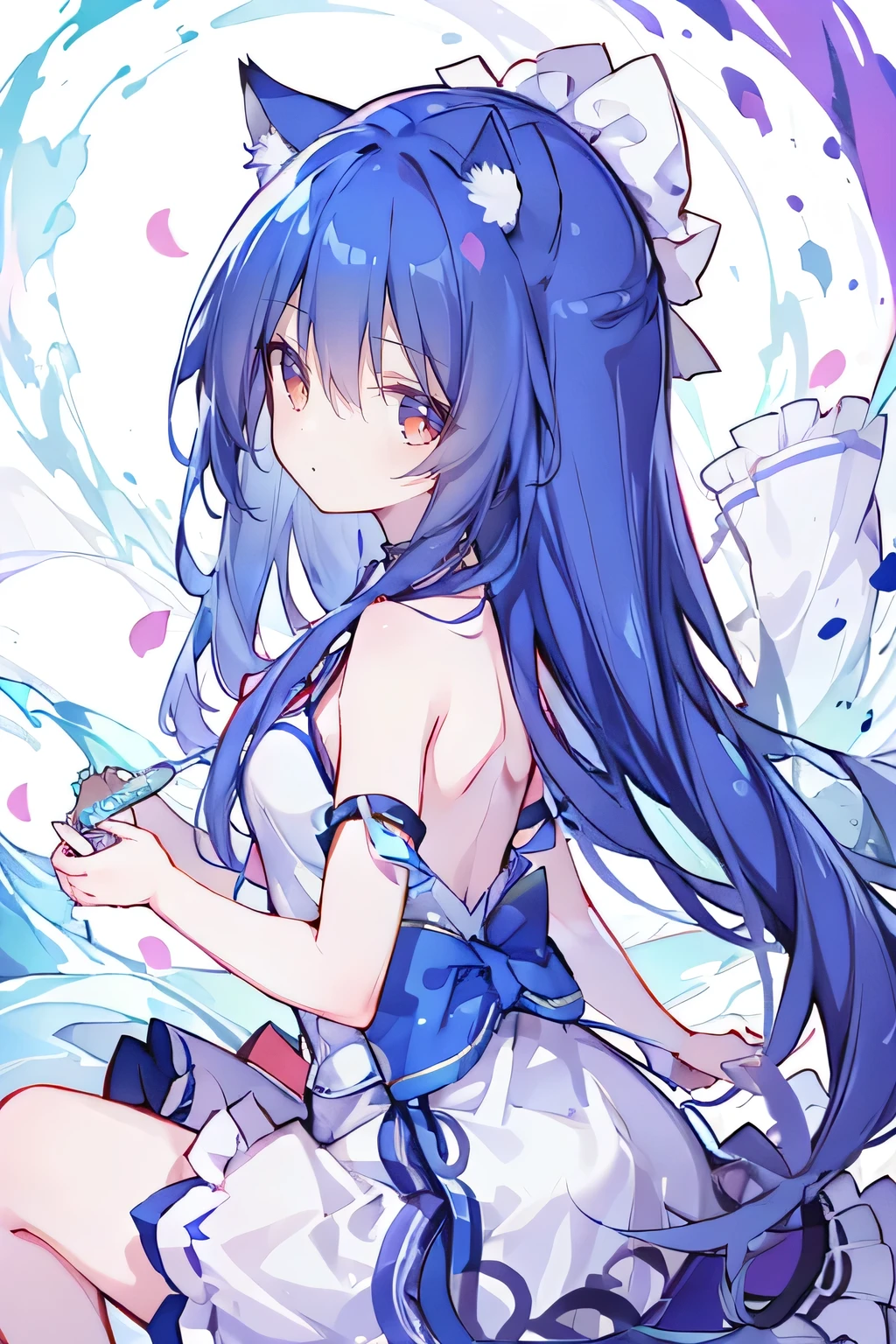 (masterpiece:1.2),Super detailed,lifelike,Expressive eyes,fair skin,perfect face shape,1 girl,
Japanese comics,Gorgeous blue hair,flowing blue hair,flowing clothes,Cat ears,Petals fall,beautiful lola,Baby Angel,
Shaking head with one hand,Cross your legs,,The pavilion is cool and comfortable,smile,back views,sunrise,Petals fall