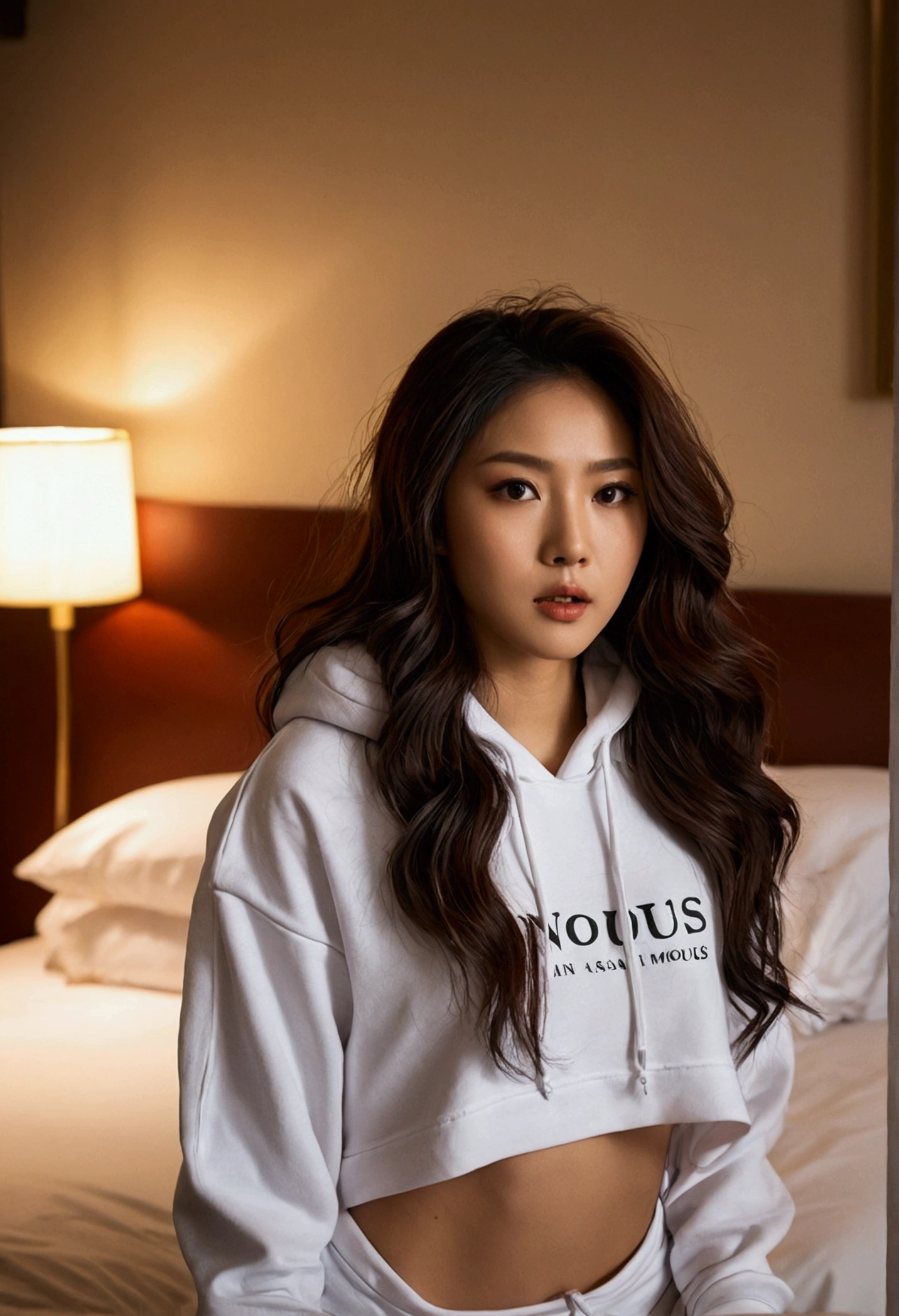 1 femme asain, Long Wavy Hair, dark brown eyes, hotel bed, nounous, croptop hoodie