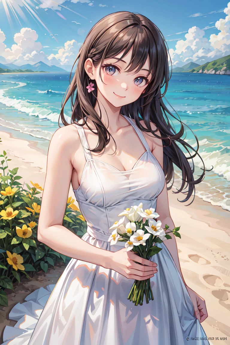 beautiful young woman, White dresses and dresses, in the beautiful beach, My hair is long and neat., flirtatious, Smiling softly, holding flowers, Ultra HD, realistic, Bright colors, Highly detailed, UHD Drawing, perfect composition, Complex with beautiful details