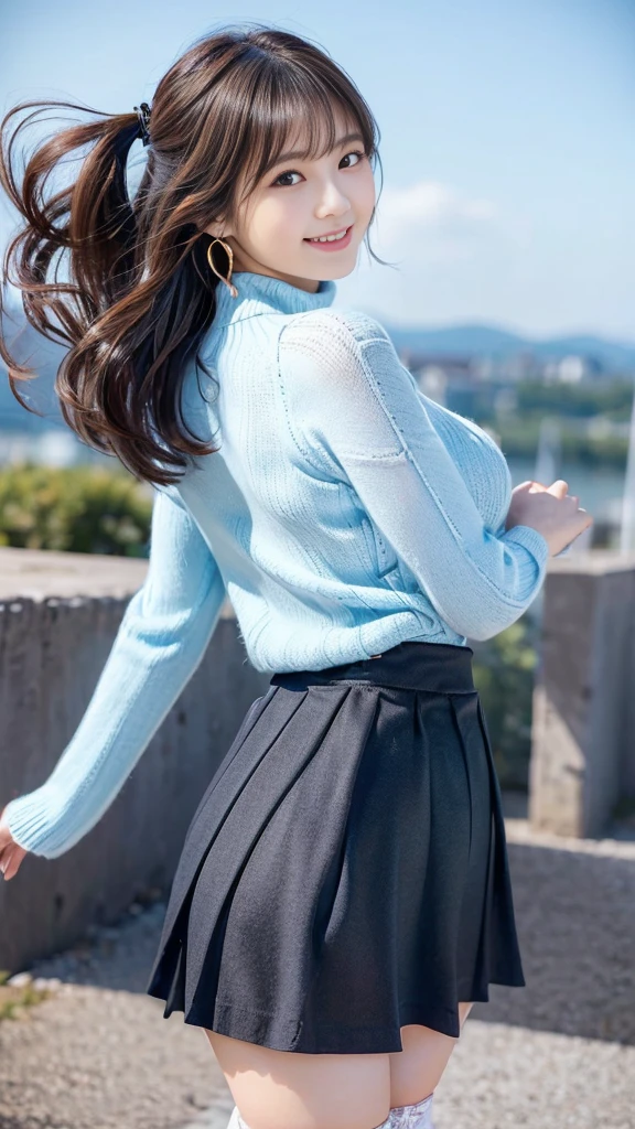 woman, 20-year-old, short black wavy hair、bangs、plump nipples、(White Turtleneck Knit)、(blue long skirt), black stocking dium milk, cute smile、((Pose that emphasizes the buttocks、looked back))、sexy hips、black high heels、big necklace、((((the wind blew my skirt, expose my panties...))))、(Light blue lace panties)、cute earrings、(tilt your head a little)