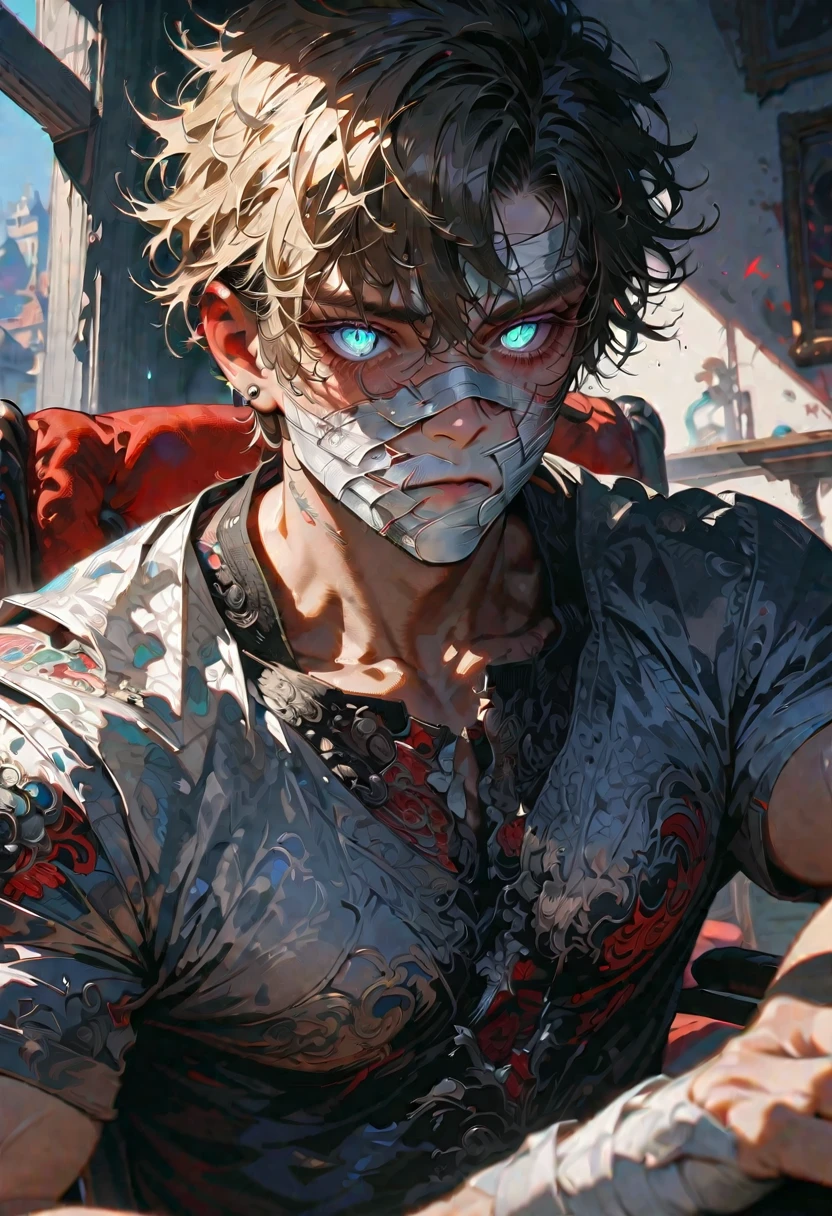 Edgy, 1boy, high red, ultra detailed, (Detailed face), (detailed eyes), adhesive bandage over face, bandages over wrists, best quality, hyper detailed, masterpiece, lean physique, dark blonde hair, bedroom, sitting on chair, upper body, 