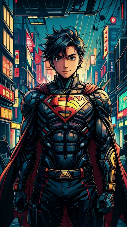 (8k),(masterpiece),(Japanese),(-yeld bo((innocent look)),((Childish)),From the front,Cowboy shot, upper body, smile,cute,Innocent,Kind eyes,Flat chest, DC Superman superhero, red cape, short,Hair blowing in the wind, Black Hair,Strong wind,midnight,dark, pitch black, Neon light C7b3rp0nkStyle  Metropolis City,