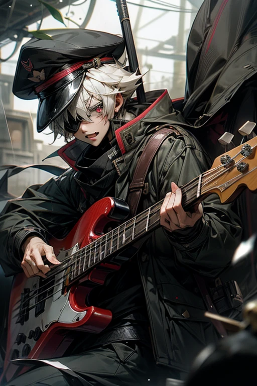 Visual Kei Band,bass,army jacket,army hat,Eye patch,cool,old male,rain