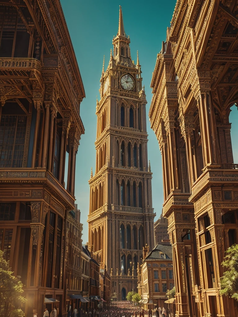 The vividly immersive experience of a virtual treasure hunt set in a neo-Victorian world unfolds in a cinematic tilt-shift photograph. In the center, a magnificent clock tower stands tall and intricate, its golden gears captured in stunning detail. The photograph, a meticulously crafted digital masterpiece, portrays the tower amidst a bustling cityscape bathed in warm, nostalgic hues. Each brick, each decorative flourish, exudes an air of opulence and mystery, inviting viewers to delve into the intricacies of a bygone era brought to life with astonishing realism.