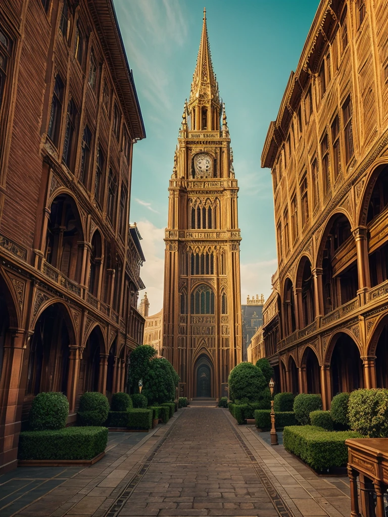 The vividly immersive experience of a virtual treasure hunt set in a neo-Victorian world unfolds in a cinematic tilt-shift photograph. In the center, a magnificent clock tower stands tall and intricate, its golden gears captured in stunning detail. The photograph, a meticulously crafted digital masterpiece, portrays the tower amidst a bustling cityscape bathed in warm, nostalgic hues. Each brick, each decorative flourish, exudes an air of opulence and mystery, inviting viewers to delve into the intricacies of a bygone era brought to life with astonishing realism.