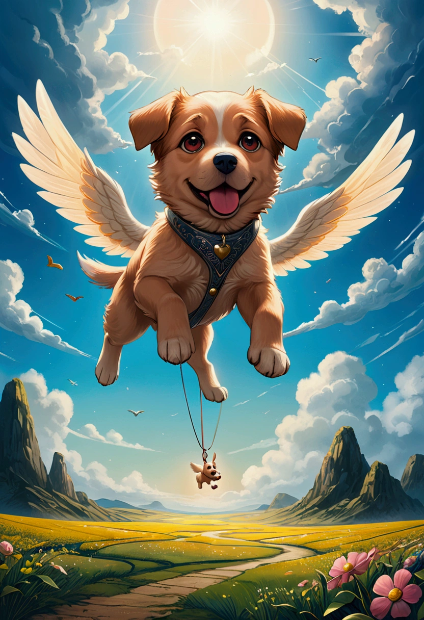 (Flying Puppy), sky, In a surreal landscape where gravity is but a suggestion, a harmonious blend of and connection, full body, award-winning, cinematic still, emotional, vignette, dynamic, vivid, (masterpiece, best quality, Professional, perfect composition, very aesthetic, absurdres, ultra-detailed, intricate details:1.3)