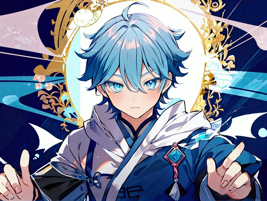 attractive, elegant, virtual youtuber, anime boy, blue eyes, (big, clear eyes:1.3), navy hair, inspired by Okumura Masanobu, inspired by Okumura Togyu, Cartoon illustration of a boy, young anime man, Animation Moe Artstyle, male anime character, 2D animation style, illustration, inspired by Okumura Masanobu, inspired by Okumura Togyu, panorama, light turquoise, eye-catching, Traditional Animation, vintage charm, Contemporary Aesthetics, virtual personality.