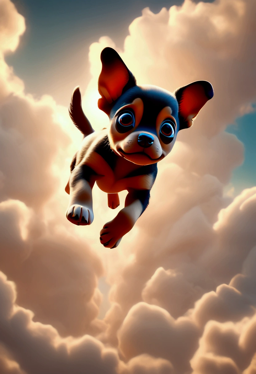 (Flying Puppy), sky, In a surreal landscape where gravity is but a suggestion, a harmonious blend of and connection, full body, award-winning, cinematic still, emotional, vignette, dynamic, vivid, (masterpiece, best quality, Professional, perfect composition, very aesthetic, absurdres, ultra-detailed, intricate details:1.3)