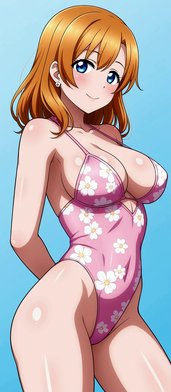 (Masterpiece, Best Quality, High Quality), professional artwork, well drawn, Intricate Details,solo, from behind,
Kousaka honoka, afternoon
, ultra detail hair, ultra detail face, perfect eyes,  earring,  Looking at Viewer, pink bodysuit , floral printed, thighs gap, orange hair , standing , sexy , arms behind back , blue eyes , wedgie 