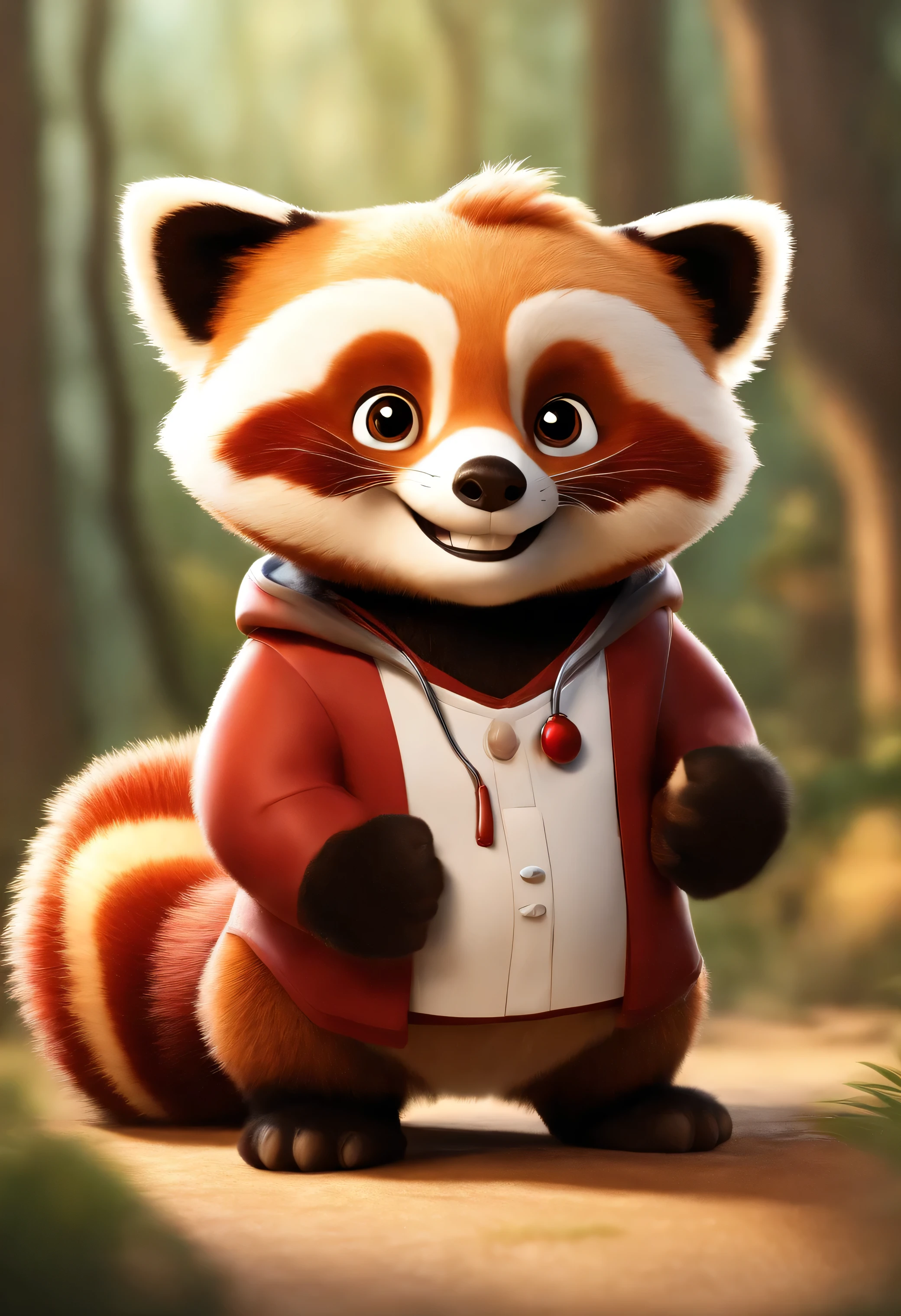 (master part, best qualityer, Very detailed CG, details Intricate: 1.2), 8 k wallpaper, master part, best qualityer, Award-Limited, high qualiy, super detaill, high détail, texturized skin, fluffly, ultra HD, anatomically correcte, Pixar-style, (Um lindo panda vermelho vestindo jaleco de doctor: 1.2), doctor, Happy Sweet Smile. fairy tale, shiny colors, naturallight, Facial Focus, simple background
