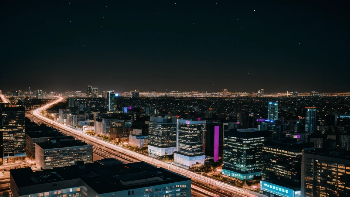 scenery, no one, city, rooftops of high-rise buildings, night neon lights, Illustration, UHD, best quality, 4K