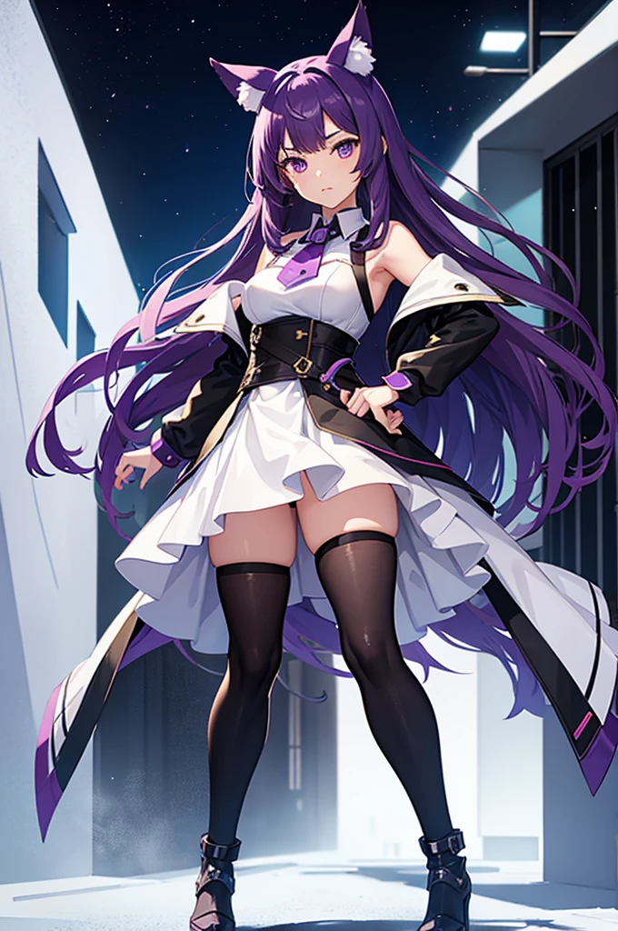 Girl VTuber, purple hair, standing straight from head to toe, animal ears, no pose, armor, mouth is thick and clear
