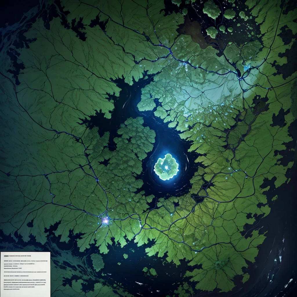 Geographic map of the dark impenetrable forest where monsters live and many secret unexplored places, only the brave men who drew the map enter there. The forest itself is shaped like a medium-sized country and does not have straight lines along the contour. It is known that several rivers flow through the forest area., there is a waterfall. The lake, which is also located in the forest, is filled with light., in its center stands a statue of the goddess patroness of magic. The map itself is very ancient